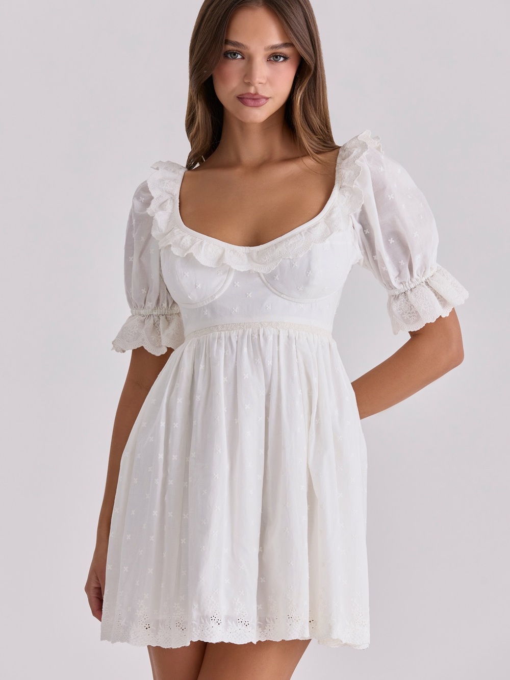 HOUSE OF CB White Broderie Anglaise Regency Babydoll Mini Dress